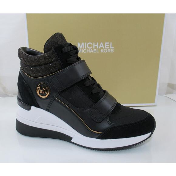Michael Kors Gentry High Top Wedge Trainer Sneakers MK Logo Black Bronze Size 9 - Picture 1 of 7